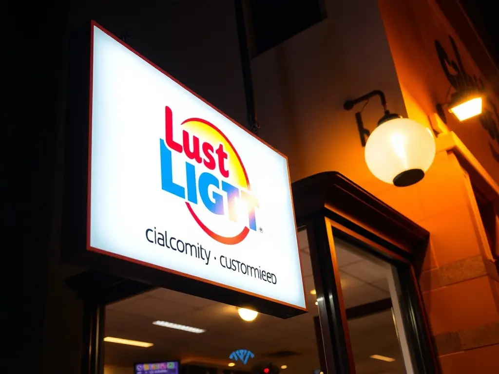 A custom light sign at a small business storefront, showcasing the brand's logo.