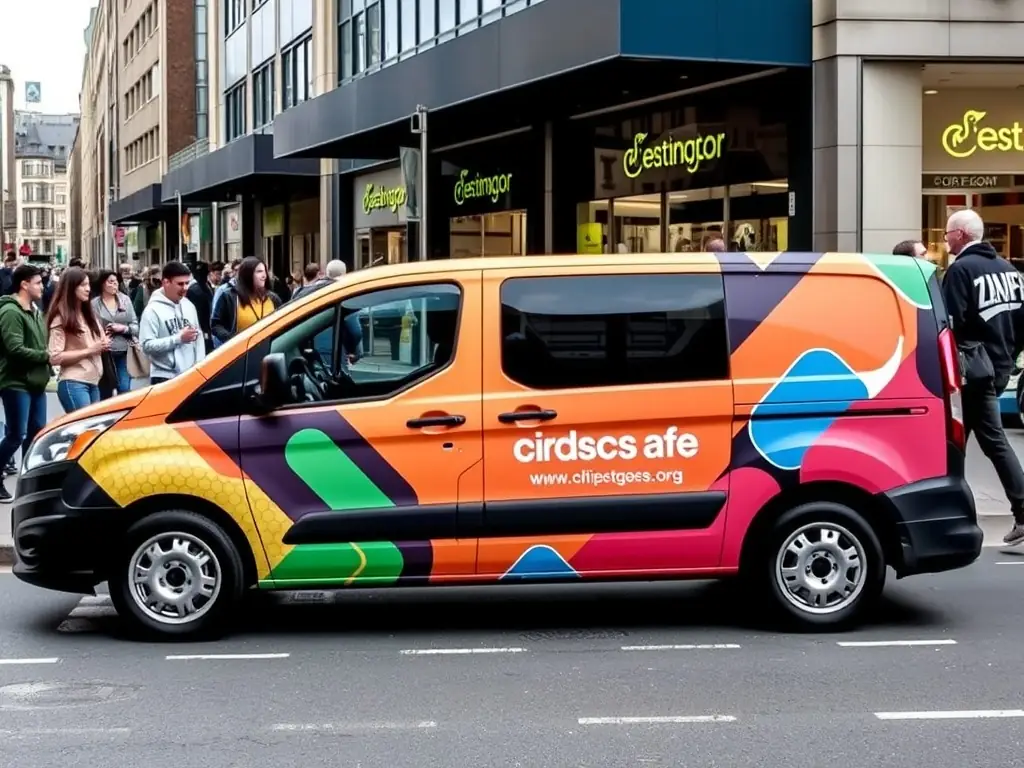 A vehicle with a custom wrap design parked in a busy street.