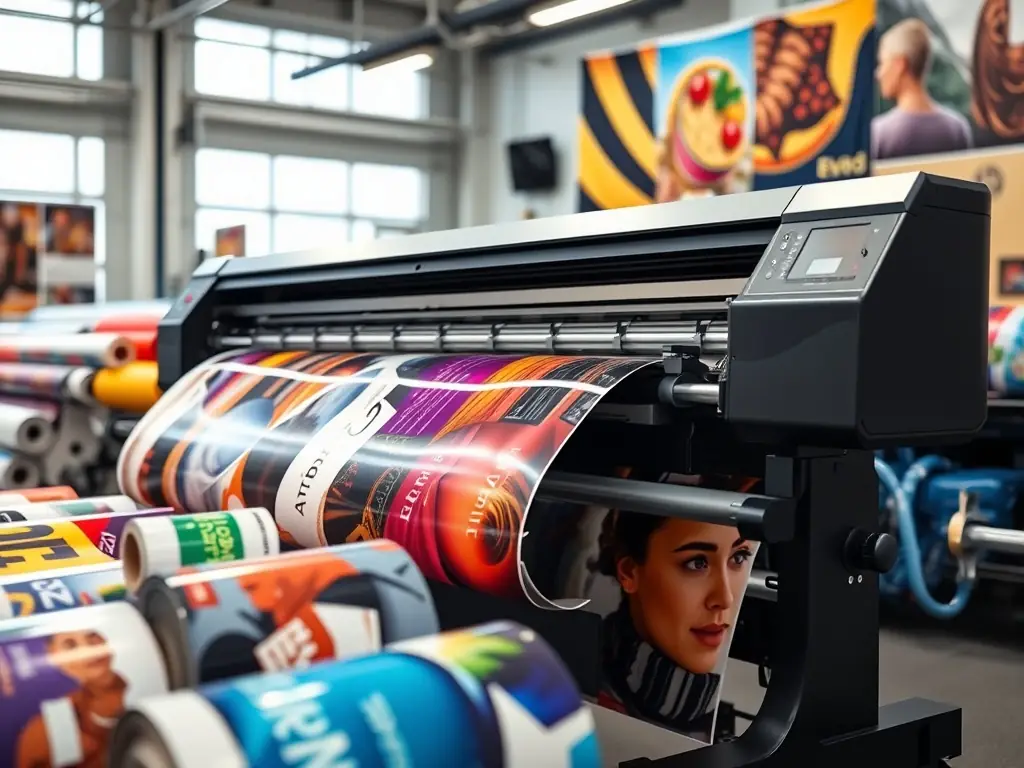 A wide format printer producing vibrant advertising materials.