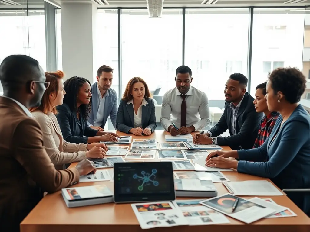 A professional team discussing advertising strategies in a modern office.