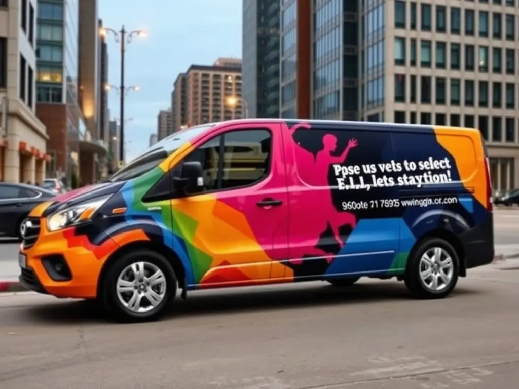 A vehicle wrapped in a creative design promoting a business.