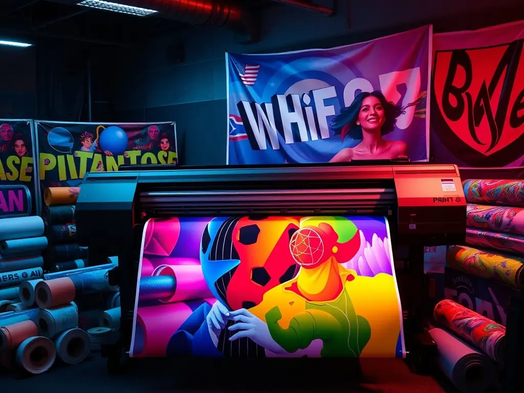 A large format printer producing colorful banners and posters.