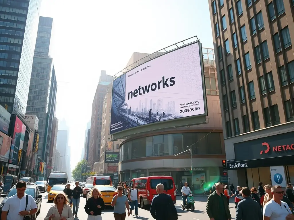 A large billboard in a busy urban area displaying an advertisement.