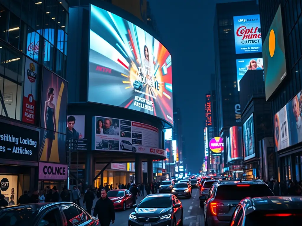 A large illuminated billboard at night in a busy urban area showcasing a dynamic advertisement.