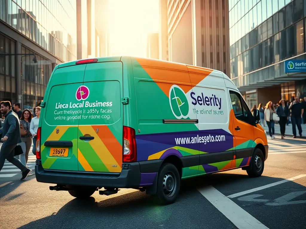 A branded delivery van on a city street showcasing a local business's logo.