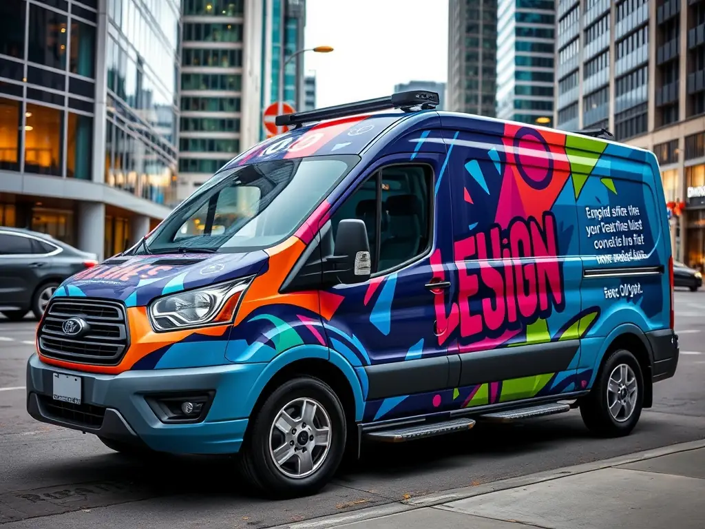 A vehicle wrapped in a creative design promoting a business.